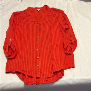 Reba Red 3/4 Sleeve Button Down Shirt with Mandarin Collar